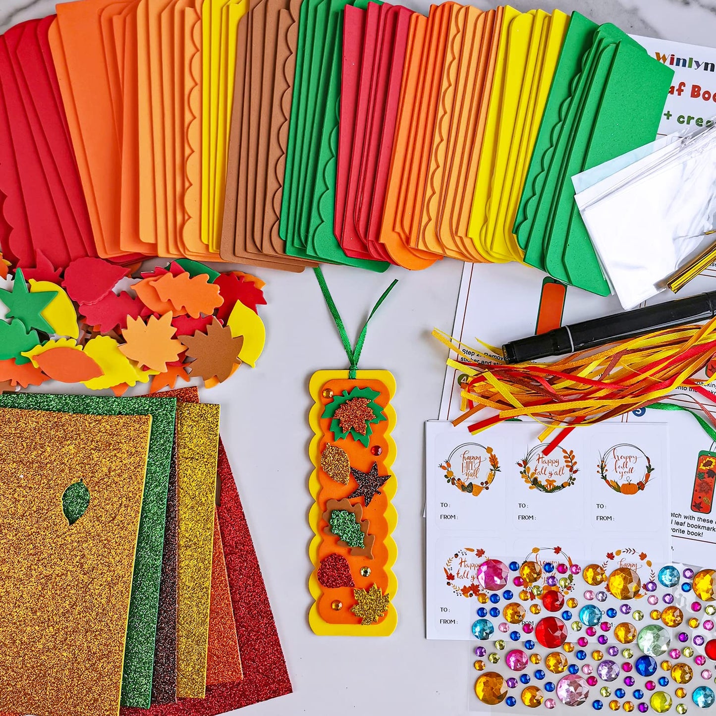 Winlyn 36 Sets Fall Craft Kits Fall Crafts DIY Fall Leaf Bookmarks Decorations Art Sets Autumn Maple Leaf Glitter Leaf Foam Stic