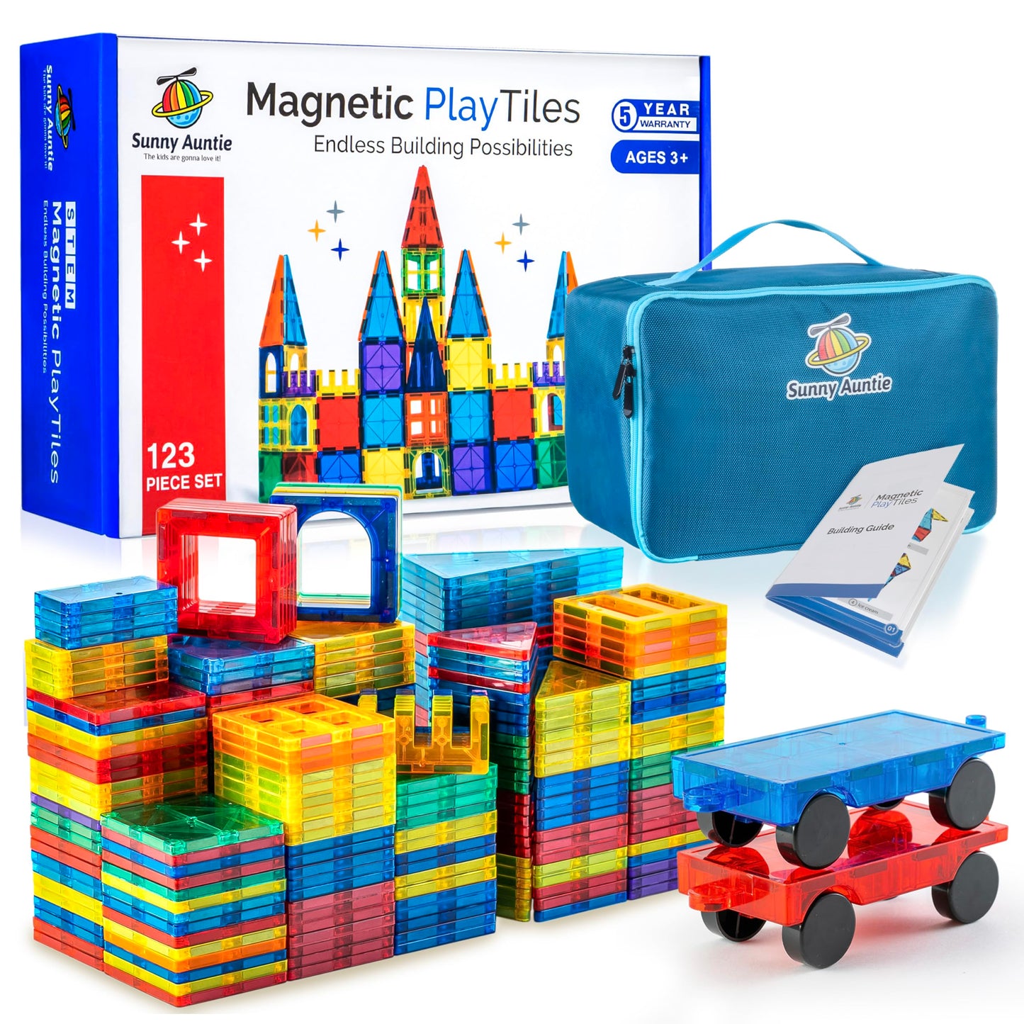 Sunny Auntie Magnetic Tiles 123 Pcs + Zippered Case, Magnetic Tiles For Kids Toy For 3 4 5 6 7 8 Year Old Boys & Girls, Great Gift For Kids Aged 3-8