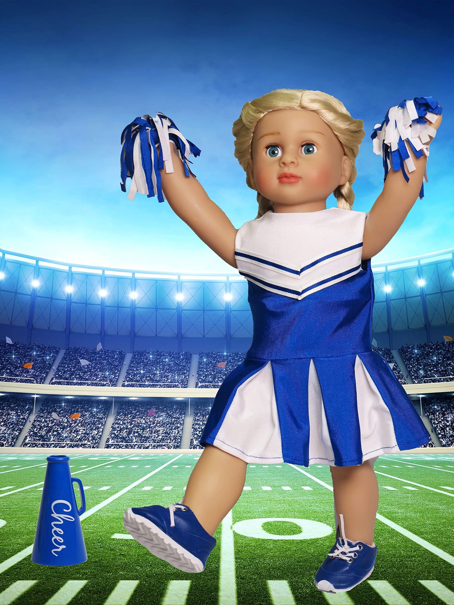 American Fashion World Blue Cheerleading Outfit for 18-Inch Dolls | Accessories Included | enhanced Quality & Trendy Design | Dolls Clothes | Outfit Fashions for Dolls for Popular Brands