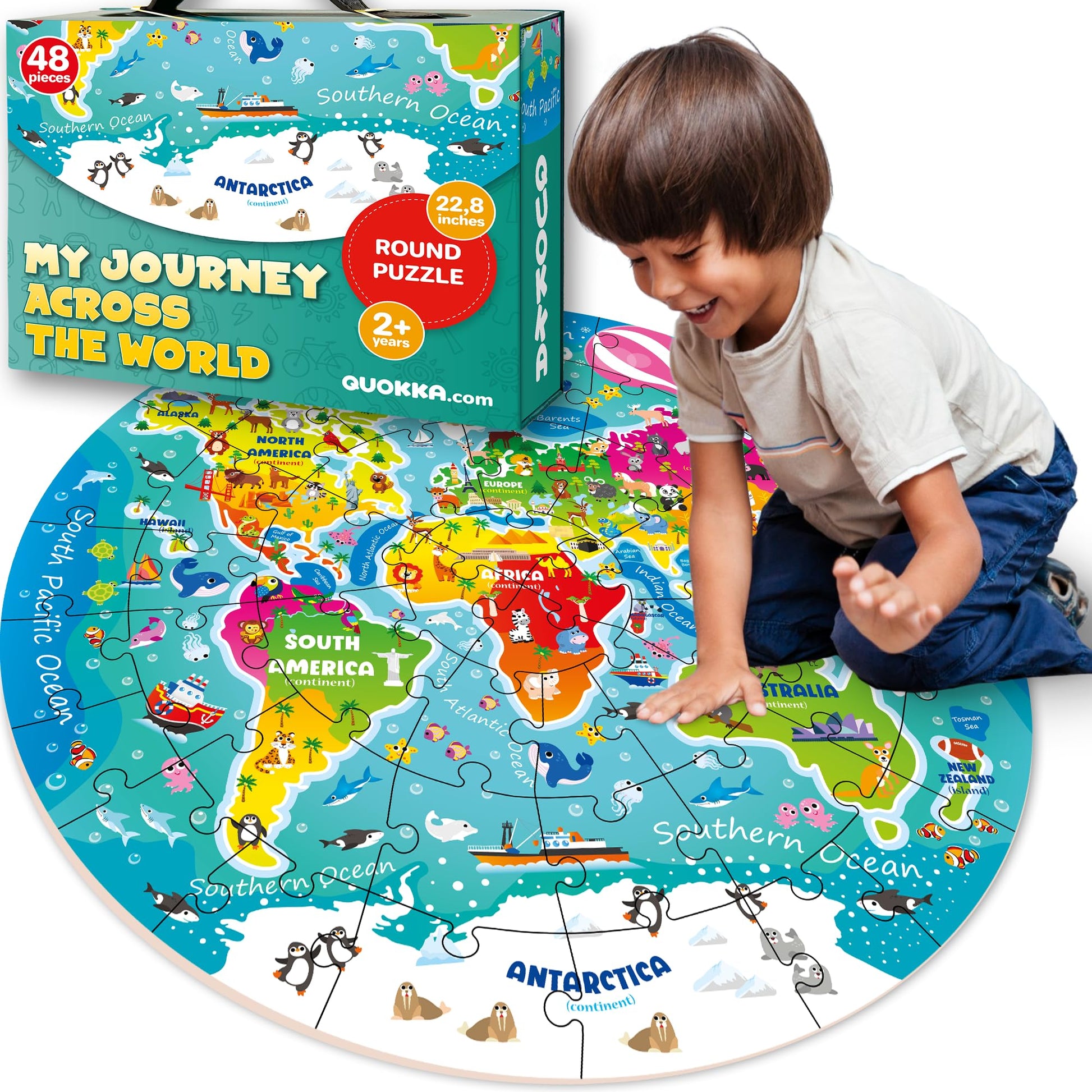 Quokka Floor Puzzles For Kids Ages 3-5 - 48 Piece Round Puzzles For Kids 4-8 Years Old - Large Giant Educational Toddler Puzzles Ages 2-4 - World Activity Game Toy For Boys And Girls