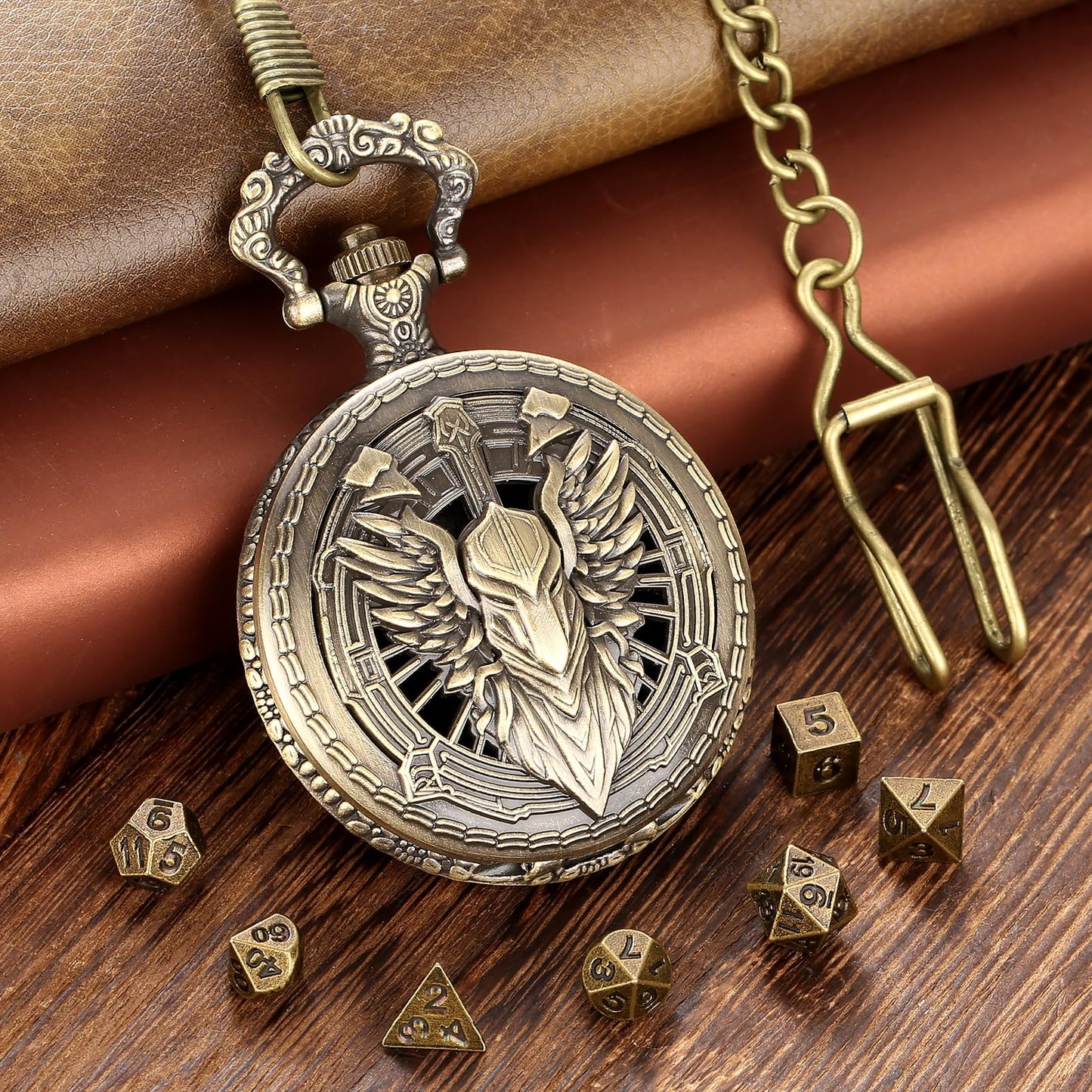 Mini DND Dice Set Steampunk Hollow Paladin Knight Warrior Pocket Watch Shell Case, 7pcs Polyhedral Metal D&D Dice Set, DND Gifts