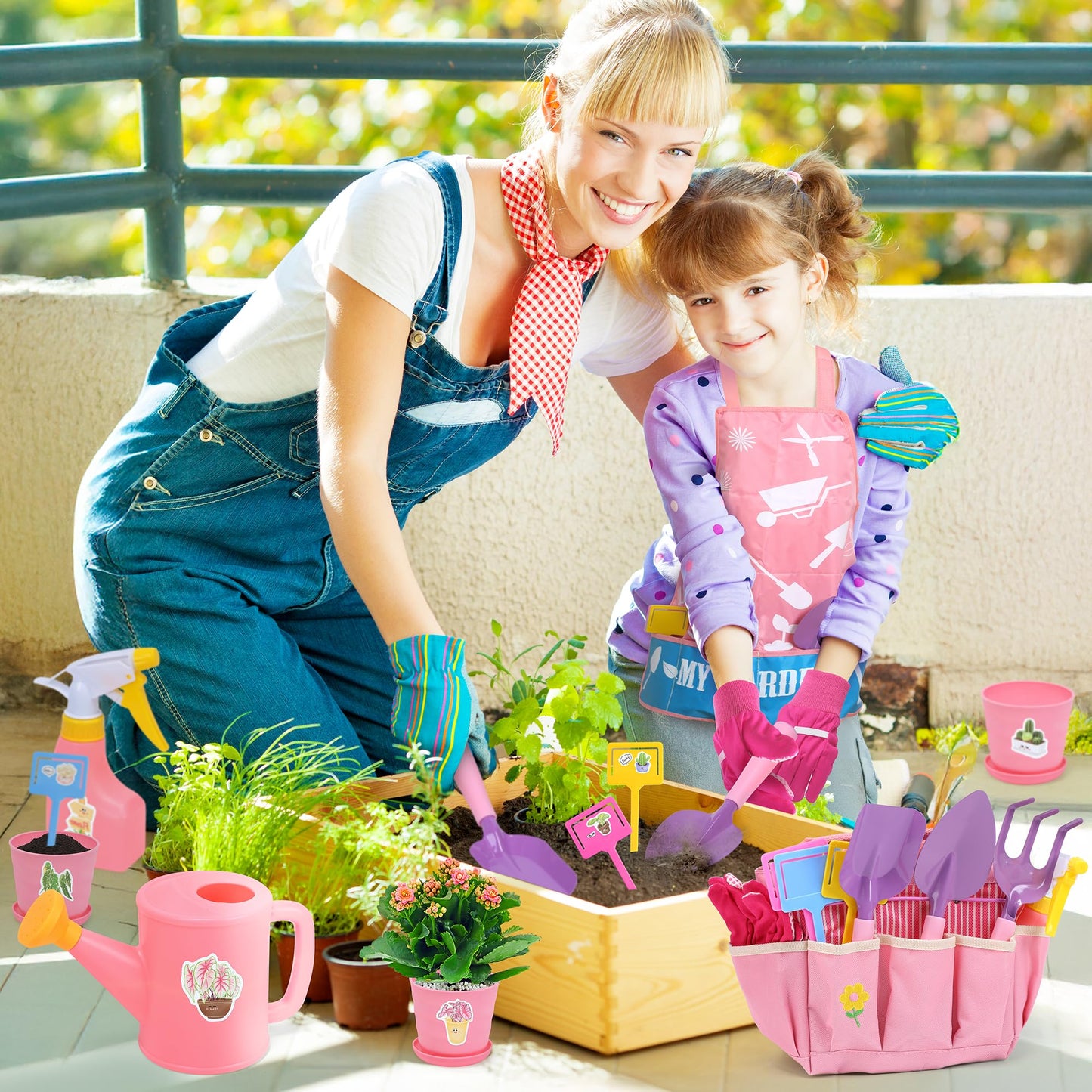 Cute Stone Kids Gardening Set, Garden Toys With Metal Kids Rake, Shovel, Trowel, Watering Can, Gloves, Tote Bag, Gardening Kit F