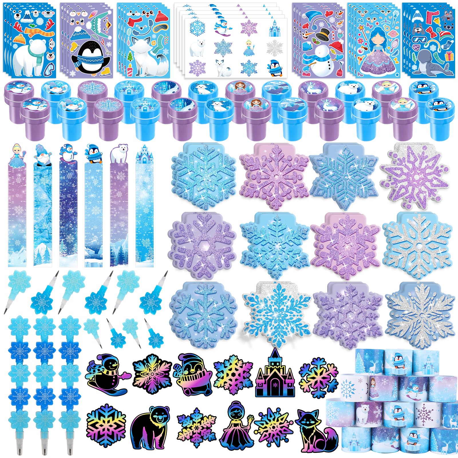 BenLouis 432Pcs Frozen School Stationery Party Favors Winter Snowflake Themed Classroom Gift Reward Prizes Bulk for Students Kid
