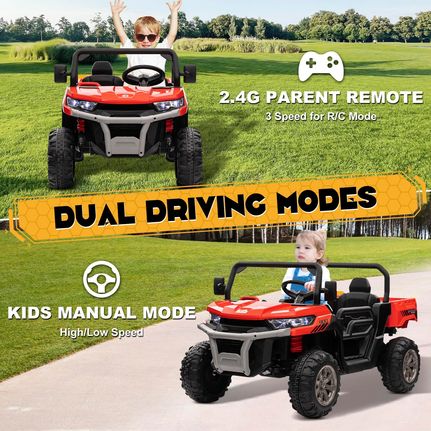 JOYRACER 24V 4WD Ride on Car, 2 Seater Dump Truck w/4X200W Motor, Gift Flower, 2.4G Remote Control, 4 Wheeler, Bluetooth Music,
