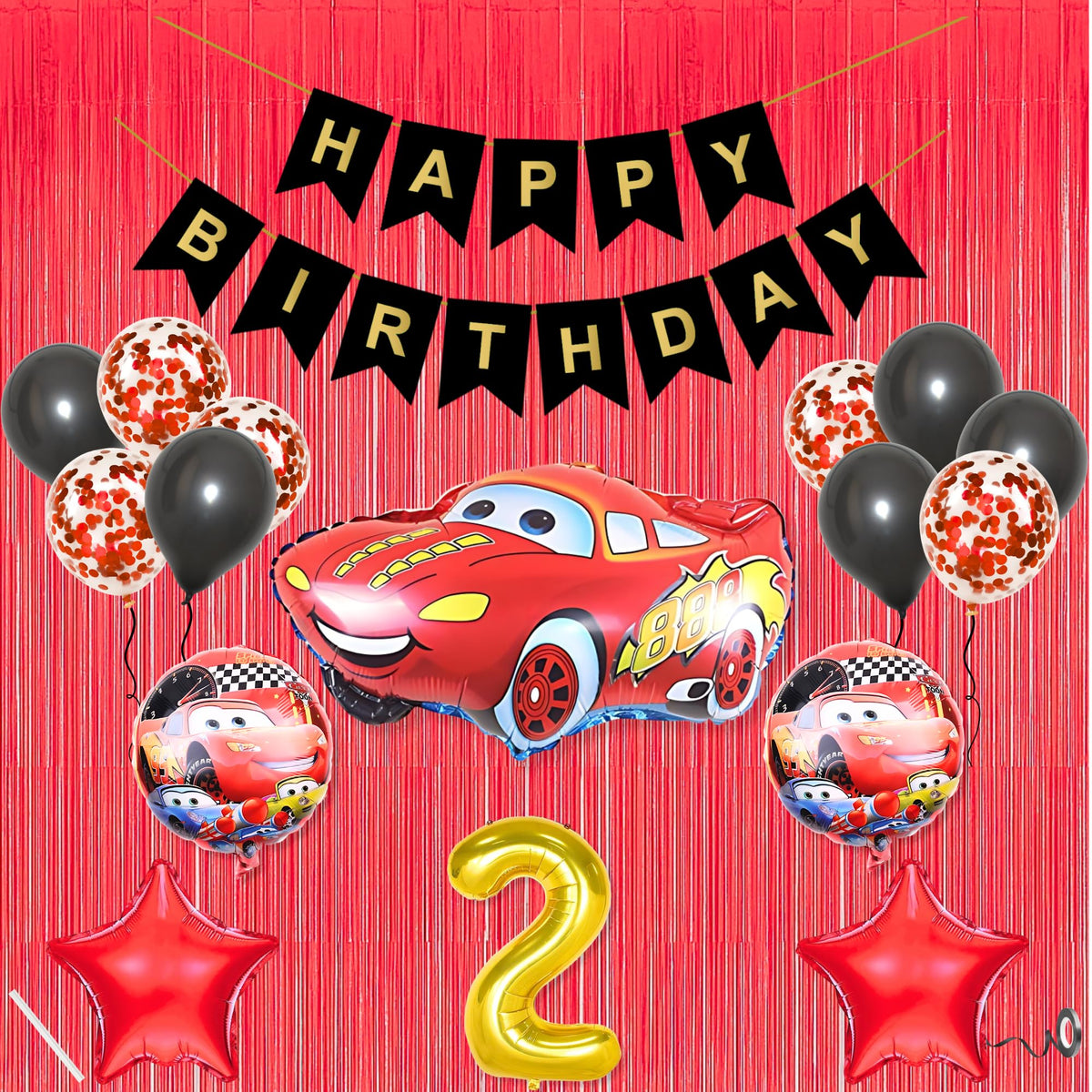 2Nd Car Theme Happy Birthday Banner Decoration Black For 2 Year Old Baby Boys Girls Kids 5 Pc Lightning Macqueen Theme 10 Pc Con