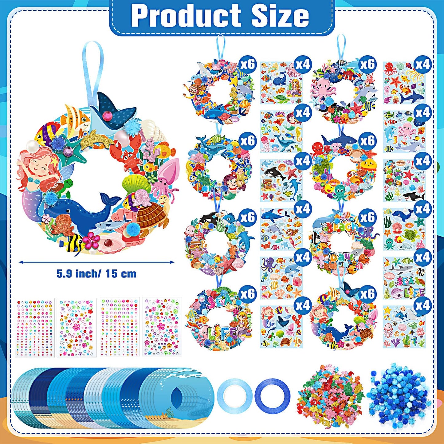 Hollowfly 48 Sets Summer Ocean Wreath Craft Kits Sea Animal DIY Wreath Hanging Ornaments Make Your Own Ocean Paper Craft with St