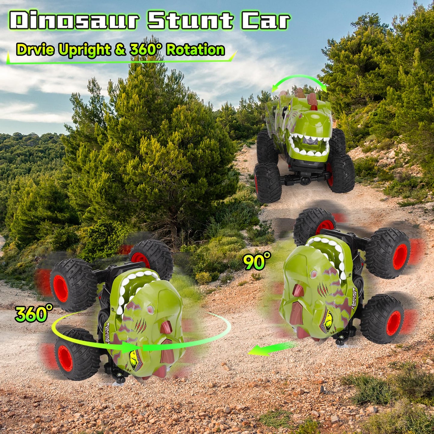 Drefirsa Dinosaur Remote Control Car for Boys 4-7 8-12, 50min+ Runtime RC Car with Spray, LED Light, 360 Rotating & 90 Driving,