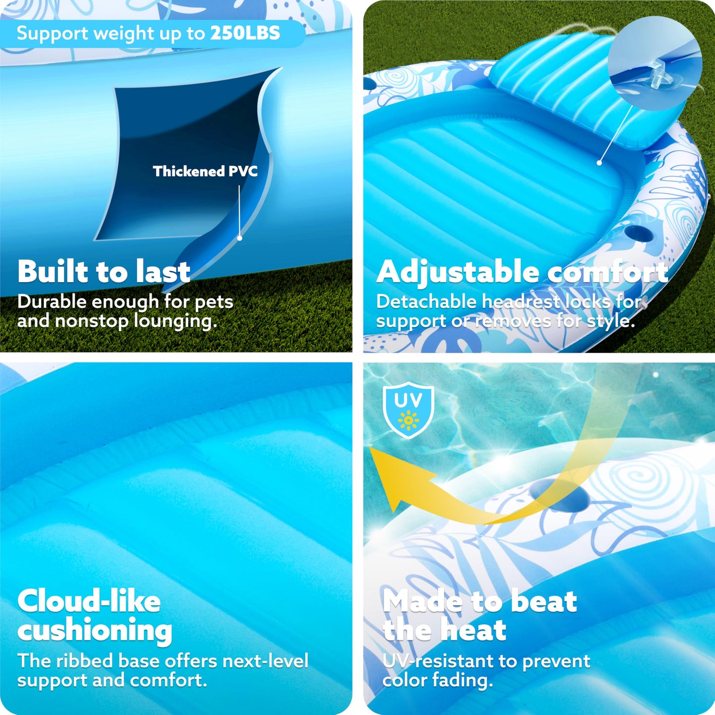 Sloosh Inflatable Tanning Pool Lounger Float, 70" x 46", Blue Plastic Raft with Pillow for Adults, 4-in-1 Sunbathing Bed
