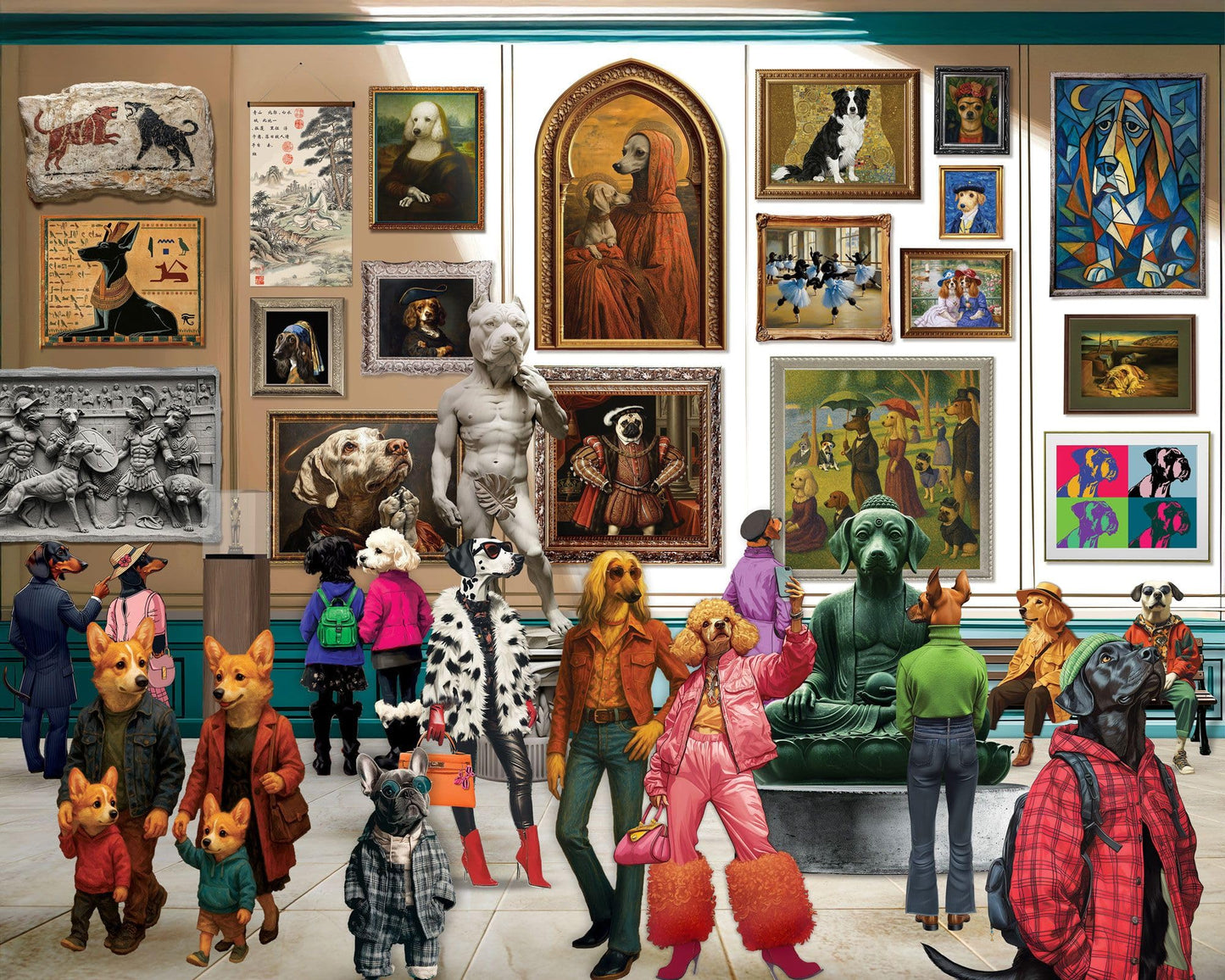 Springbok Paws and Portraits 1000 Piece Jigsaw Puzzle for Adults - Dogs in Museum - Unique Cut Pieces - Made in USA