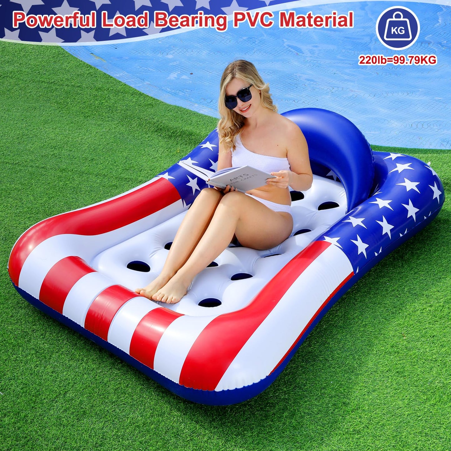71x50 Large Tanning Pool Float with Headrest  Patriotic Inflatable Pool Floats mature-themed American Flag Giant Cooling Water Hck Tanning Pool Rafts Floatie for 4th of July Pool Party  Lake  Outdoor