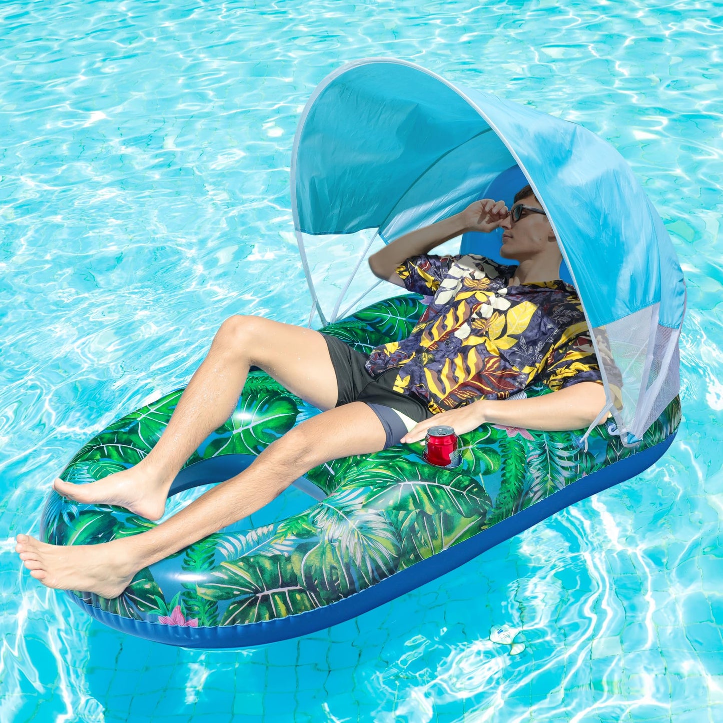 FindUWill Pool Floats with Canopy mature-themeds - XL Large Pool Float Lounger with Cup Holder  Removable Sun Shade Cover  Inflatable Pool Chair Floaties with Headrest  Footrest for Pool Beach (Green)