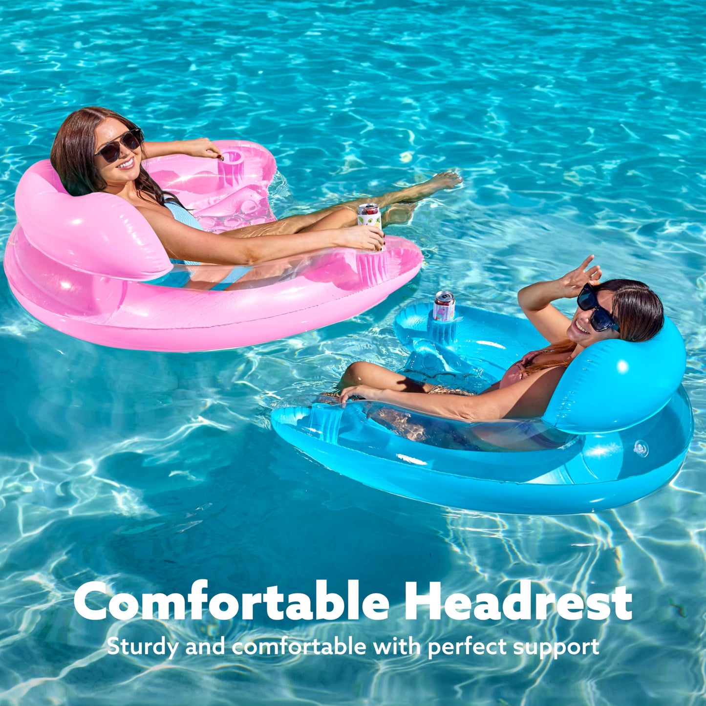 SLOOSH Inflatable Pool Floats mature-themed 2 Pack Pool Chairs with Cup Holders Pure Blow up Floats Chair Hck Noodle Mat for Relaxing Summer Water Fun Swimming Party Beach Blue Pink