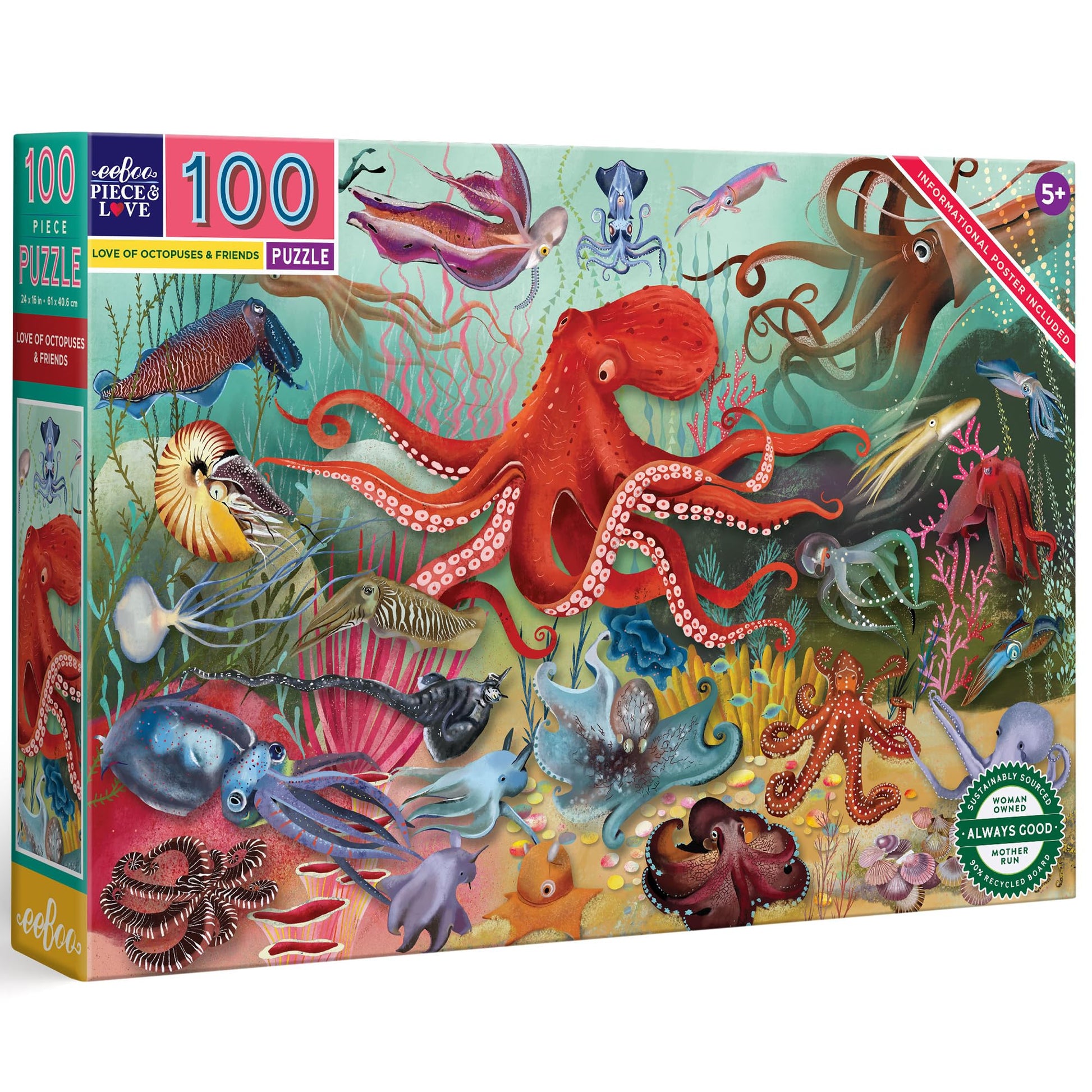 eeBoo: Love of Octopuses & Friends - 100 Piece Puzzle - 24 x 16 Underwater Ocean Jigsaw, Cephalopod-Themed, Informational Educat