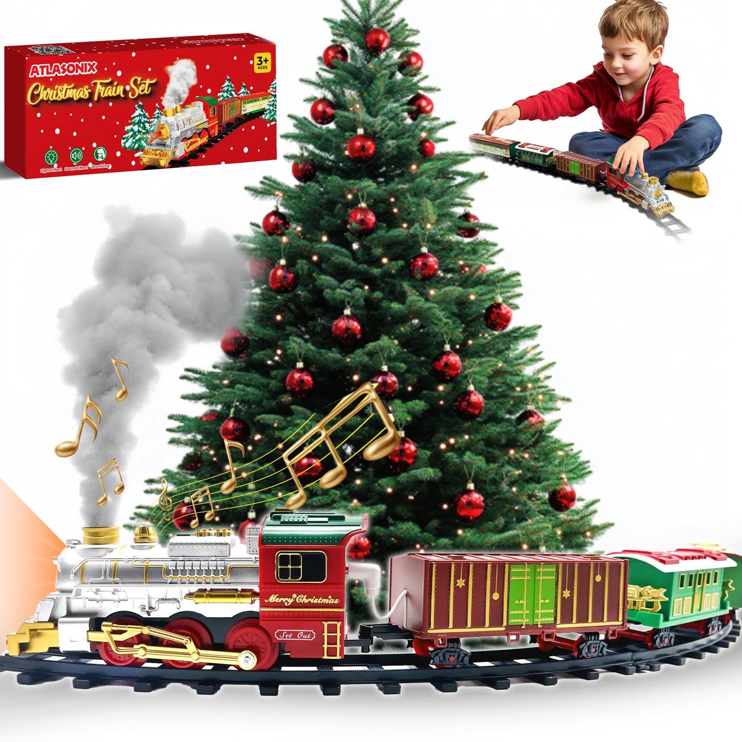 Christmas Train Sets For Around The Tree With Lights, And Sounds - Christmas Toy Holiday Train Around Christmas Tree W/Large Tracks, Electric Train Set For Kids Ages 4-8
