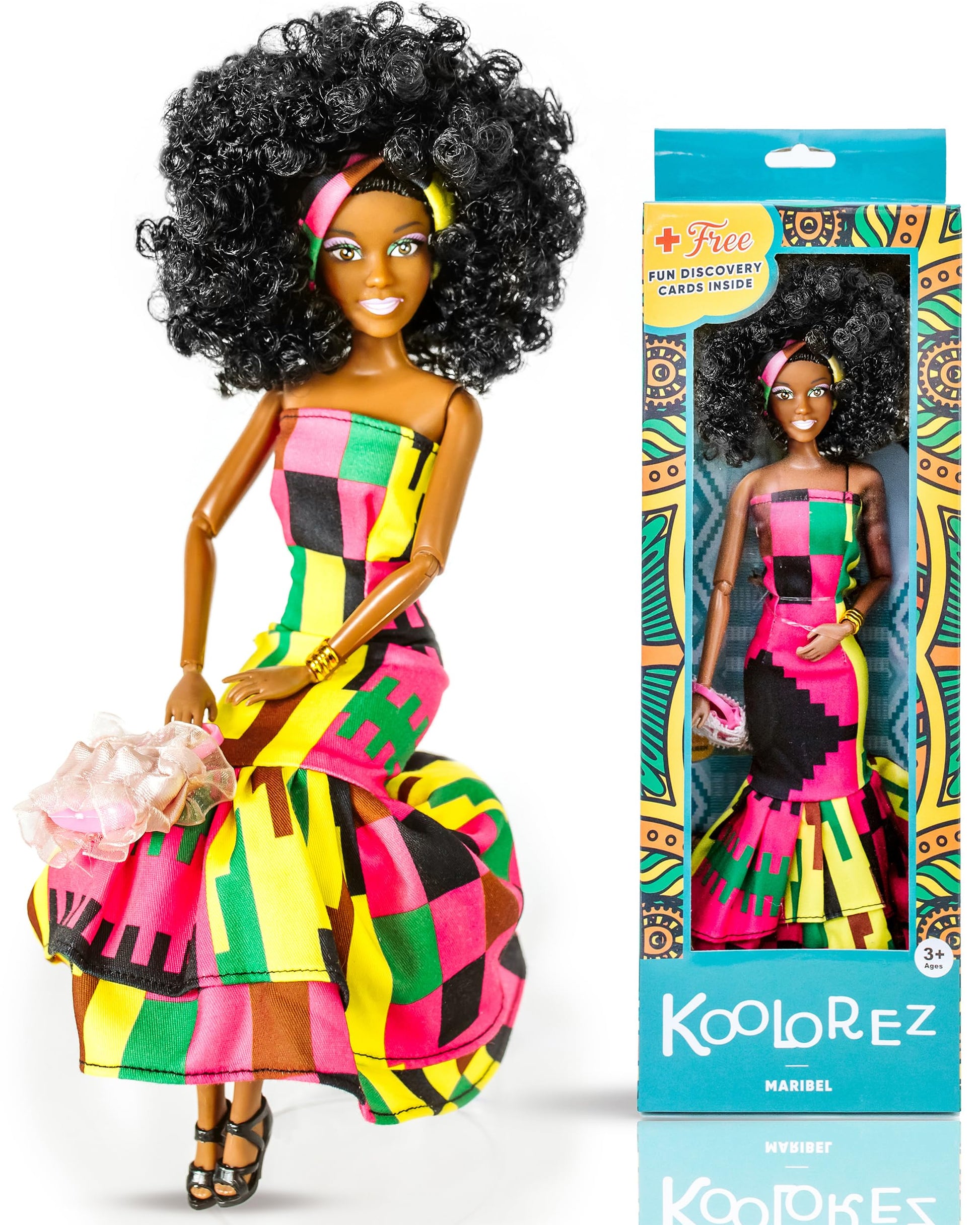 KOOLOREZ: Maribel - Our Queens Black Doll Set - Brown/Black Afro Doll w/Movable Joints - Lovely 12.5 Dark Skin & Diversity Dolls - Vinyl Dolls for Girls with African Heritage Style Outfit