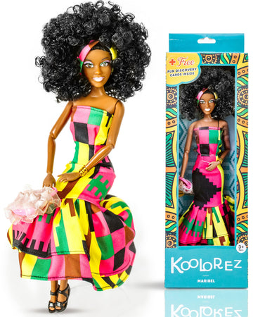 KOOLOREZ: Maribel - Our Queens Black Doll Set - Brown/Black Afro Doll w/Movable Joints - Lovely 12.5 Dark Skin & Diversity Dolls - Vinyl Dolls for Girls with African Heritage Style Outfit