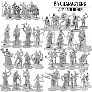 Townsfolk Mini Fantasy Figures Set- 64 Non Player Character Npc Miniatures - 1'' Hex Nobility, Merchants, And More - Compatible