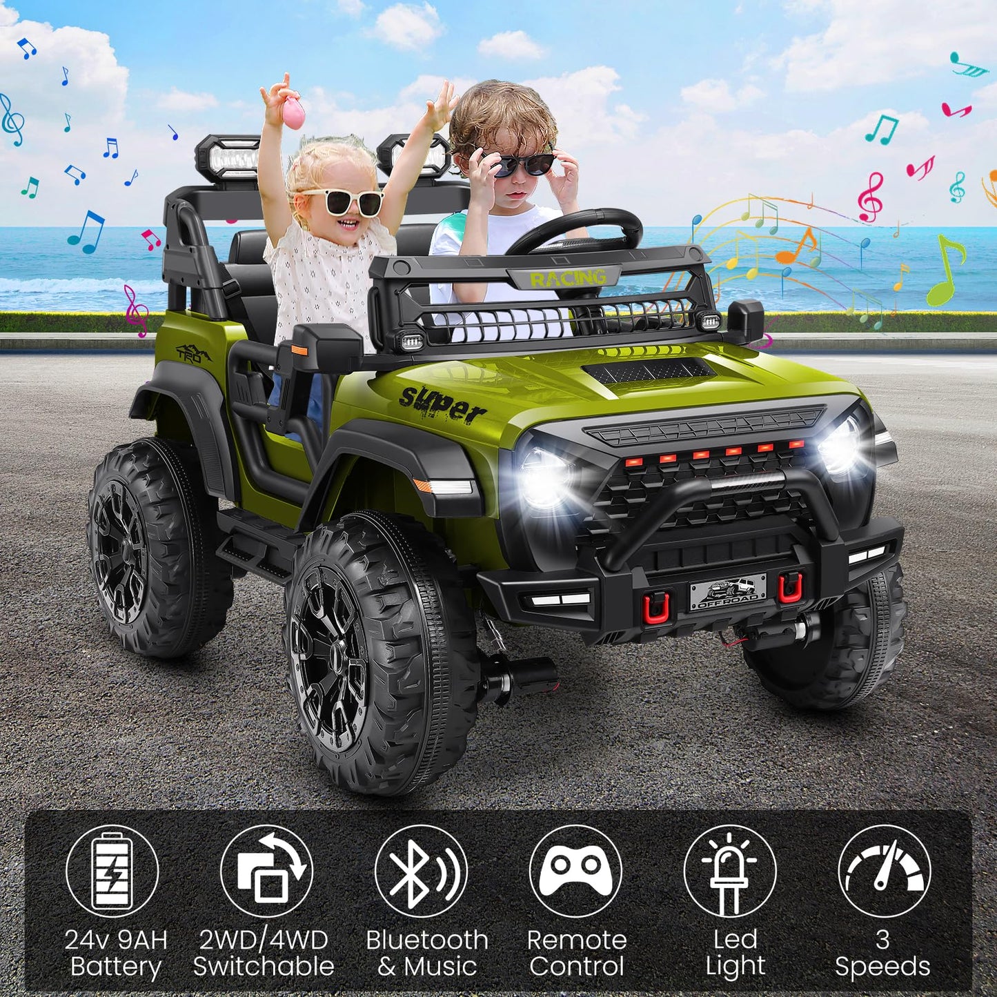 Hikole 24V Kids Ride On Car With 20'' Width Seat, 2 Seater Battery Powered Electric Car, 4X100W Motor, Remote Control, 24 Volt R