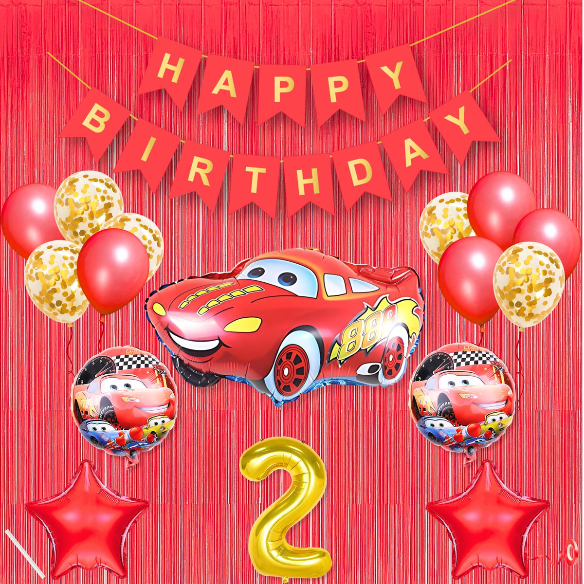 2nd Car Theme Happy Birthday Banner Decoration Red for 2 year Old Baby Boys Girls Kids 5 Pc Lightning Macqueen Theme 10 Pc Confe