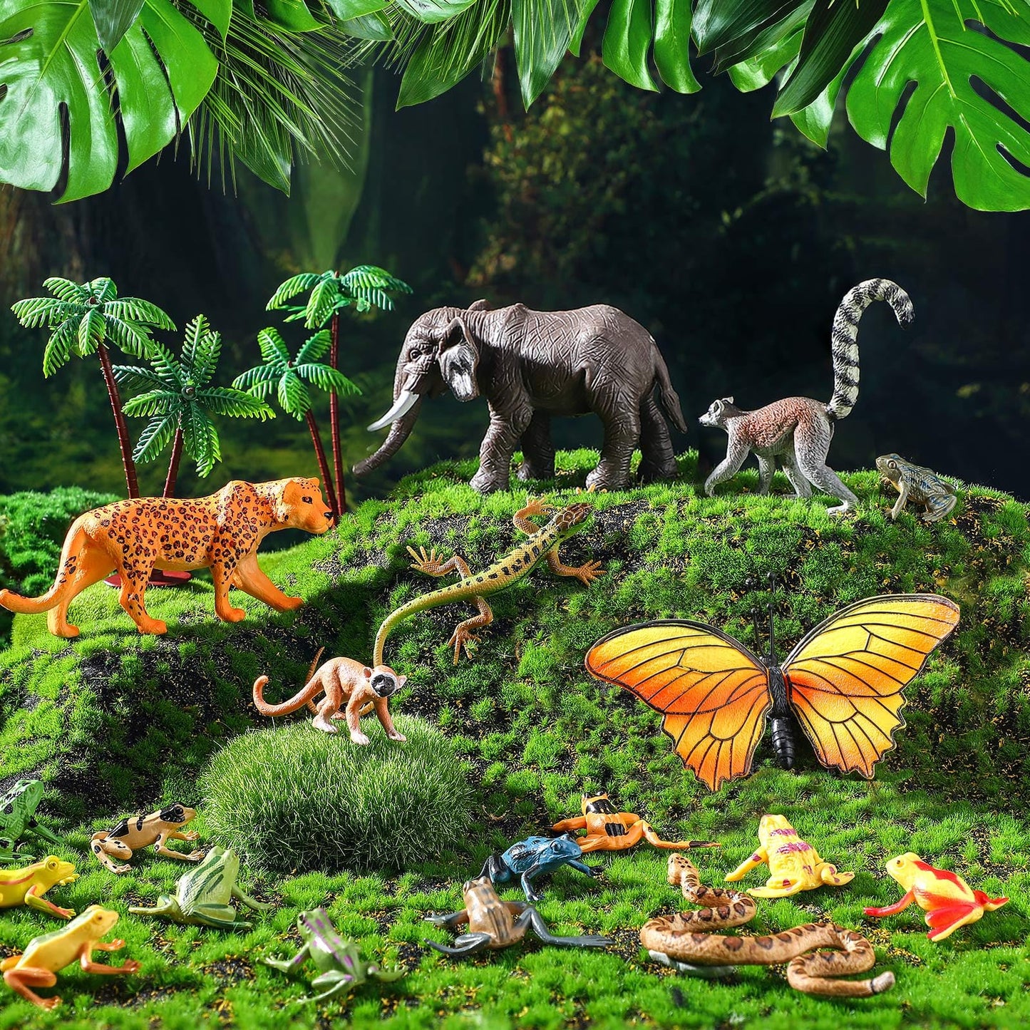 Miniinflat 25 Pcs Rainforest Diorama Animals Figures Toys Set Assorted Creatures Rainforest Diorama Supplies Animals Model Trees