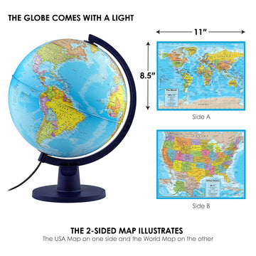 Waypoint Geographic Scout+ Illuminated With Map, World Globe For Kids, Decorative Classroom Globe With Stand, More Than 4000 Places, 12” Interactive Globe, Bonus Map Included, Blue