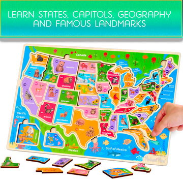 Montessori Mama Wooden Puzzles For Kids Ages 4-6, Usa States And Capitols, World Continents And Oceans Kids Puzzles, Combo Set 2 Toddler Puzzles
