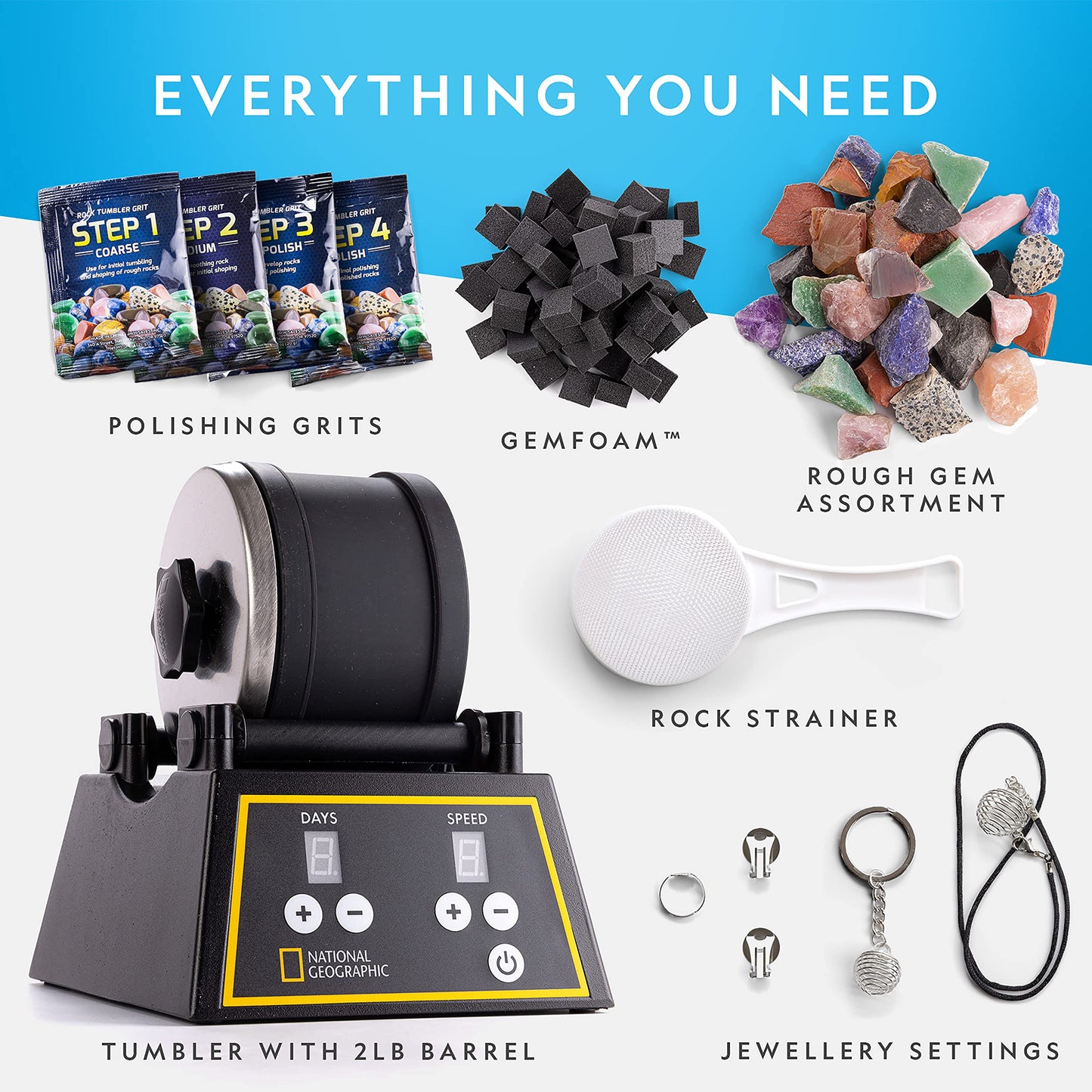 National Geographic Professional Rock Tumbler Kit - Complete Rock Tumbler For Adults & Kids With Durable 2 Lb. Barrel, Rocks, Gr