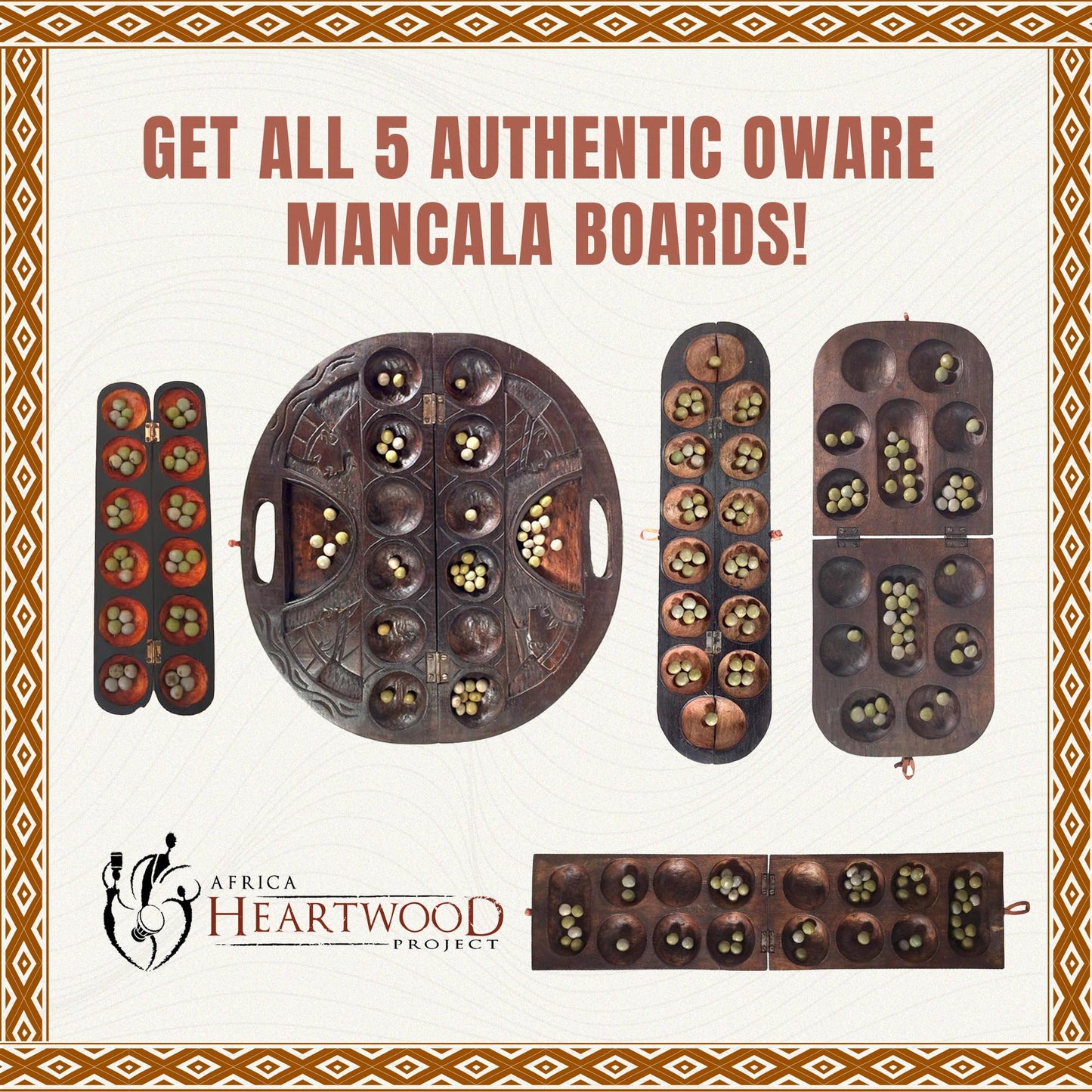 Africa Heartwood Project African Oware Mancala Board - Hand-Carved Solid Wood with Adinkra Symbol, Wooden Folding Mancala Design