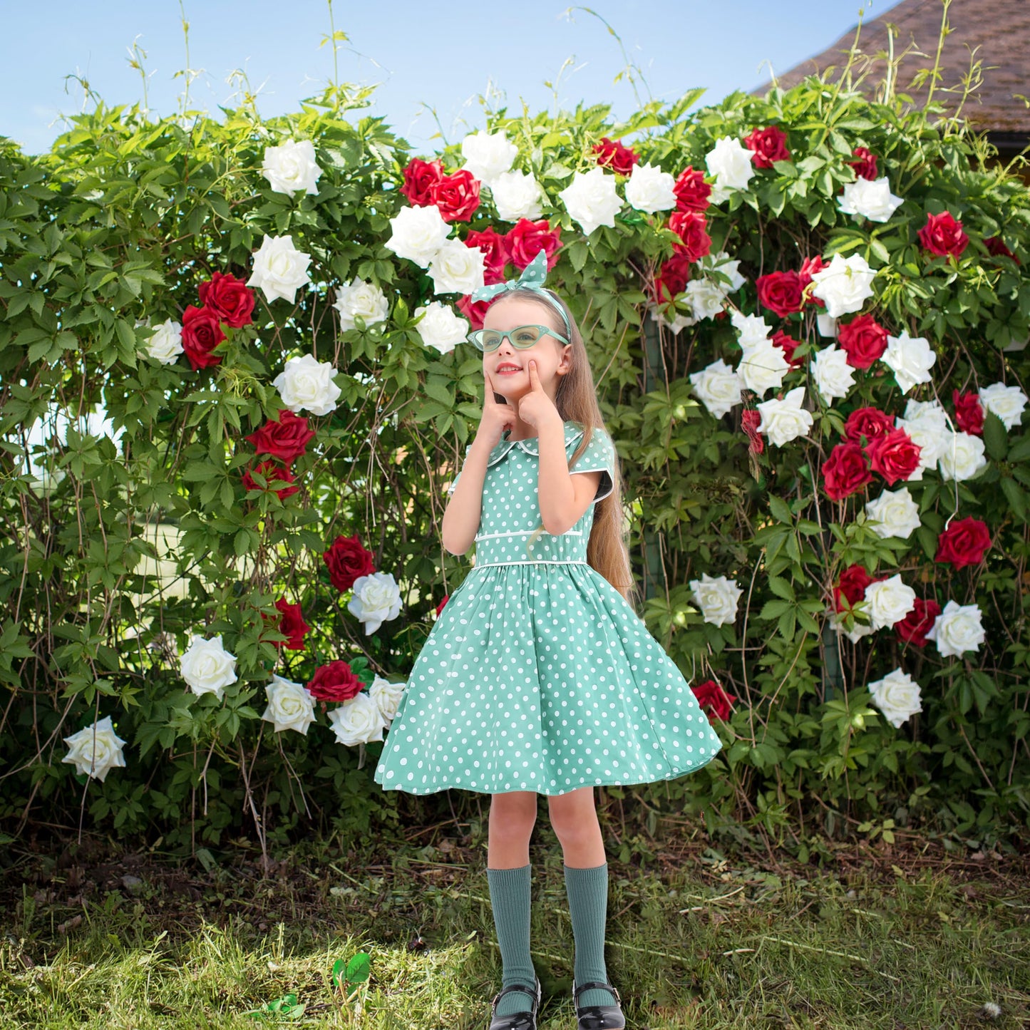 Raberto Kids 50s Costume - 1950s Dress for Girls, Ice Cream Polka Dot Dress with Headband, Glasses and Socks, Large, Green