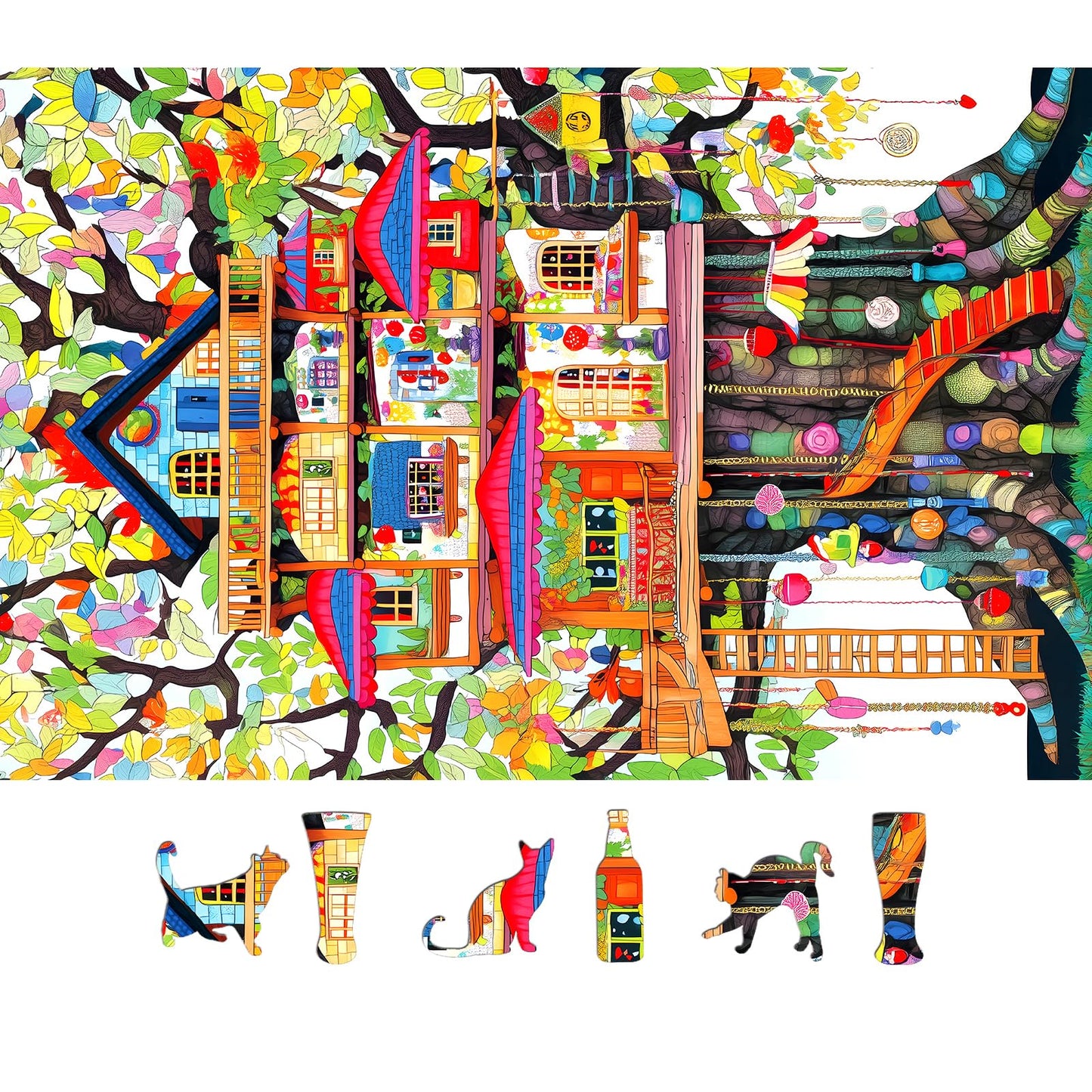 MINIWAN 500 Piece Jigsaw Puzzle - Whimsical Treehouse Art, 15"x23", Cardboard, Colorful Nature-Themed Family Game, Model BFJIUJIU-002