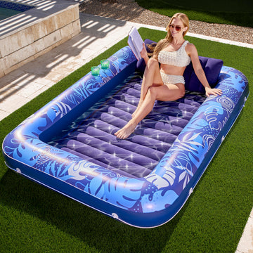 Sloosh Inflatable Tanning Pool Lounger Float, 85' X 57' Extra Large Pool Floats Adult With Pillow, 4 In 1 Suntan Tub Raft Floatie,Sunbathing Bed Lounge For Water Blow Up Ball Pit, Xl-Dark Blue