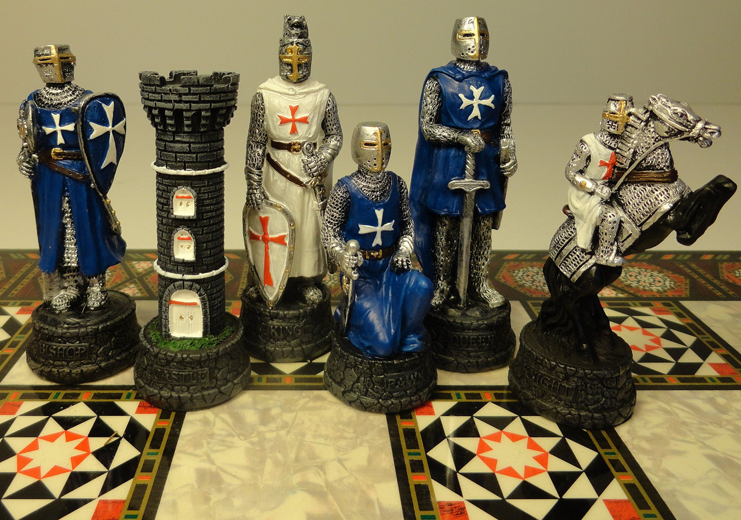 HPL Medieval Times Crusades Chess Set - Blue & White Maltese Cross, 16.5" Mosaic Board, Resin & MDF Wood, Anti-Stress Toy