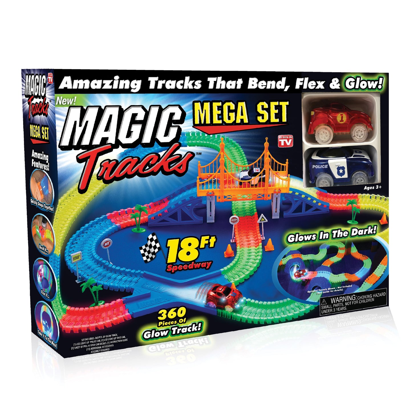 Ontel Magic Tracks Mega Set - 2 Led Race Cars And 18 Ft. Of Flexible, Bendable Glow In The Dark Racetrack - As Seen On Tv