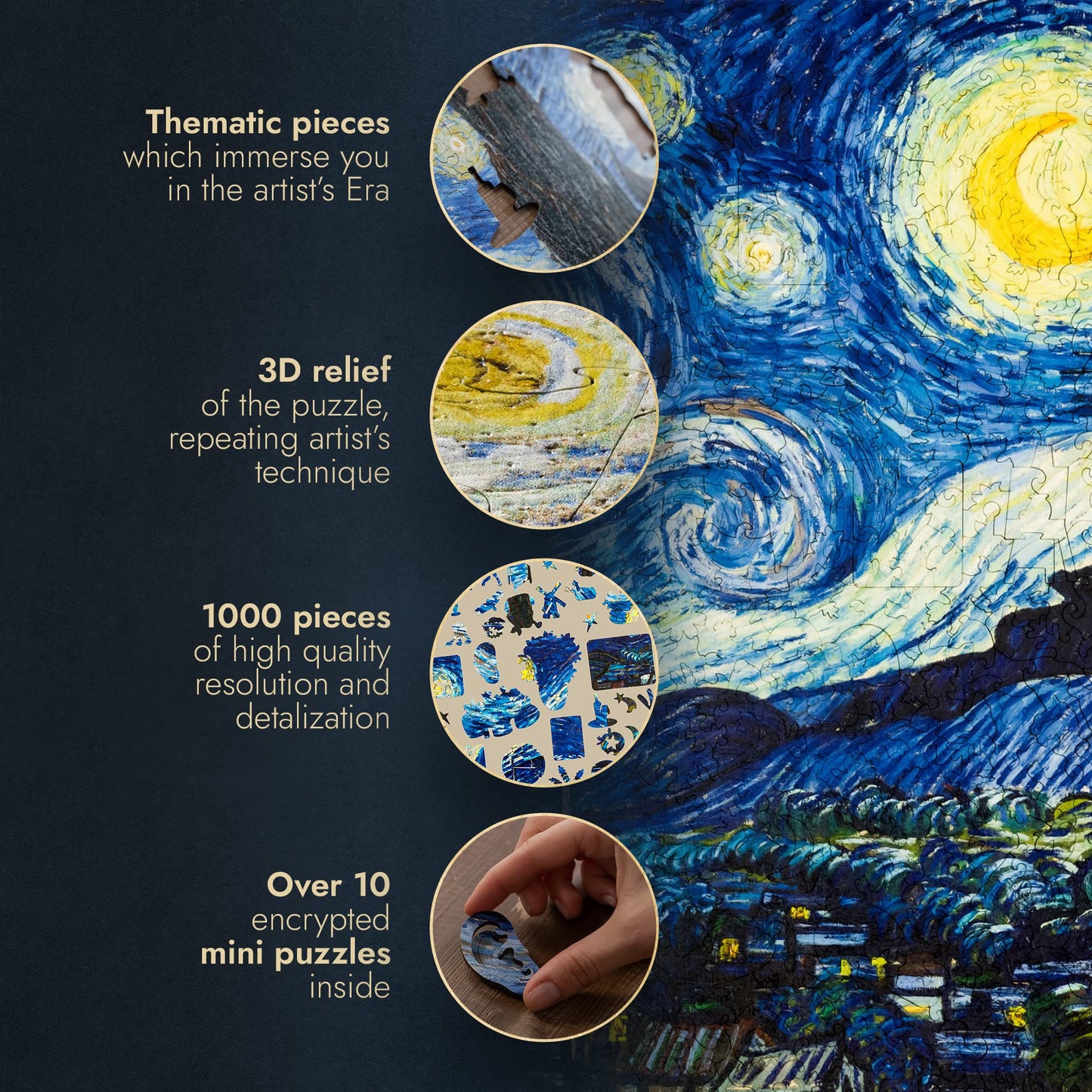 Unidragon Wooden Jigsaw Puzzle Art Collection - Starry Night Van Gogh, 1000 Pcs, 17.40'' ?22, Beautiful Gift Package, Unique Sha