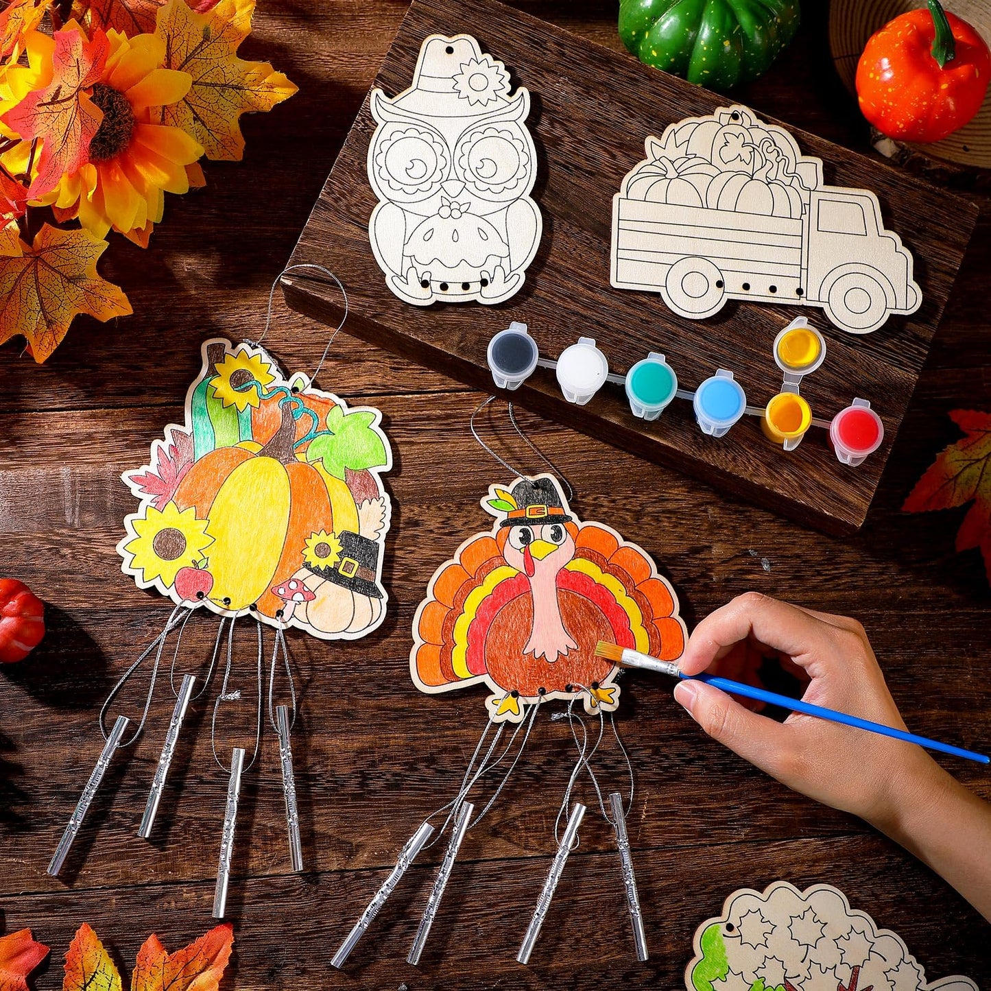 Silipull 24 Sets Thanksgiving Wind Chimes Crafts for Kids Make Your Own Wooden Wind Chime DIY Coloring Hanging Pumpkin Turkey Ar