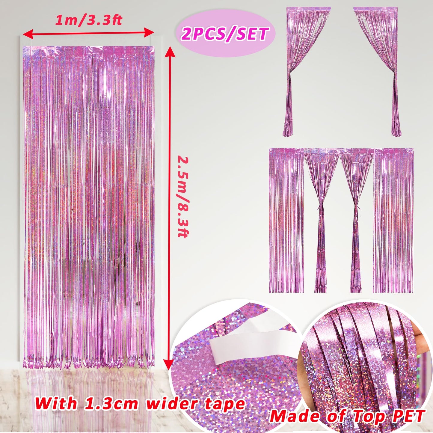 MALANKU 2 Pack Foil Fringe Backdrop Curtains Pink Party Decorations - 3.3 x 8.2ft Tinsel Curtain Photo Backdrops for Birthdays C