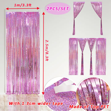 MALANKU 2 Pack Foil Fringe Backdrop Curtains Pink Party Decorations - 3.3 x 8.2ft Tinsel Curtain Photo Backdrops for Birthdays C