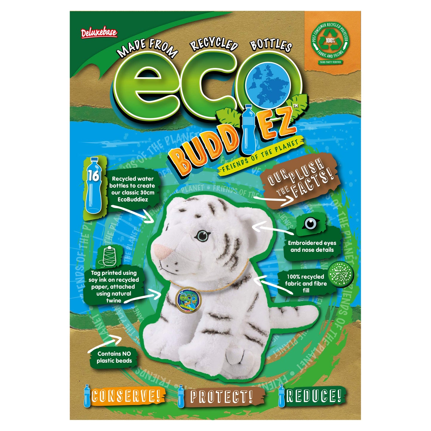 Ecobuddiez - White Tiger From Deluxebase. 8-Inch Sustainable Plush Animal From Recycled Materials, Eco-Friendly Soft Stuffed Toy