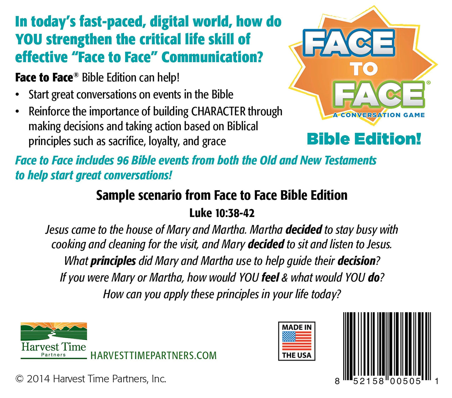 Harvest Time Partners Face To Face Card Game - Bible Edition - Includes 96 Biblical Events That Teach Character Development, Age