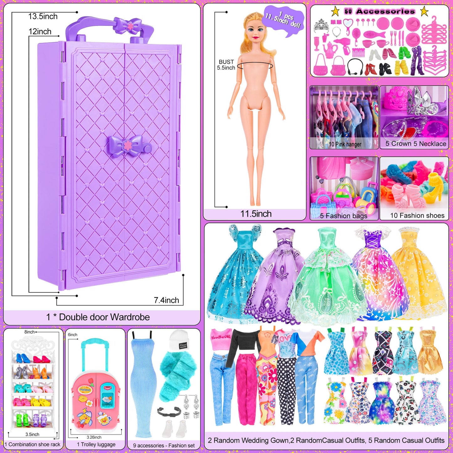 Ebuddy Doll And Accessories Doll Closet Playset With 106 Pcs Doll Clothes And Accessories For Girls 6-12 Including One Doll, Closet, Stylish Blue Set, Luggage, Shoe Rack, Wedding Gowns