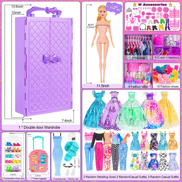 Ebuddy Doll And Accessories Doll Closet Playset With 106 Pcs Doll Clothes And Accessories For Girls 6-12 Including One Doll, Closet, Stylish Blue Set, Luggage, Shoe Rack, Wedding Gowns