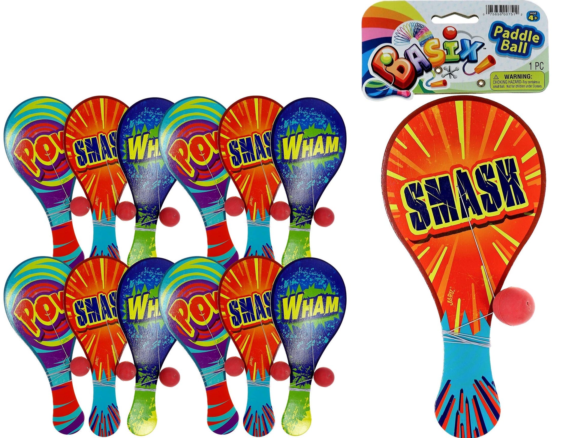 JaRu 23382 Ja-Ru Rainbow Paddle Ball (Assorted Color Pack of 12)