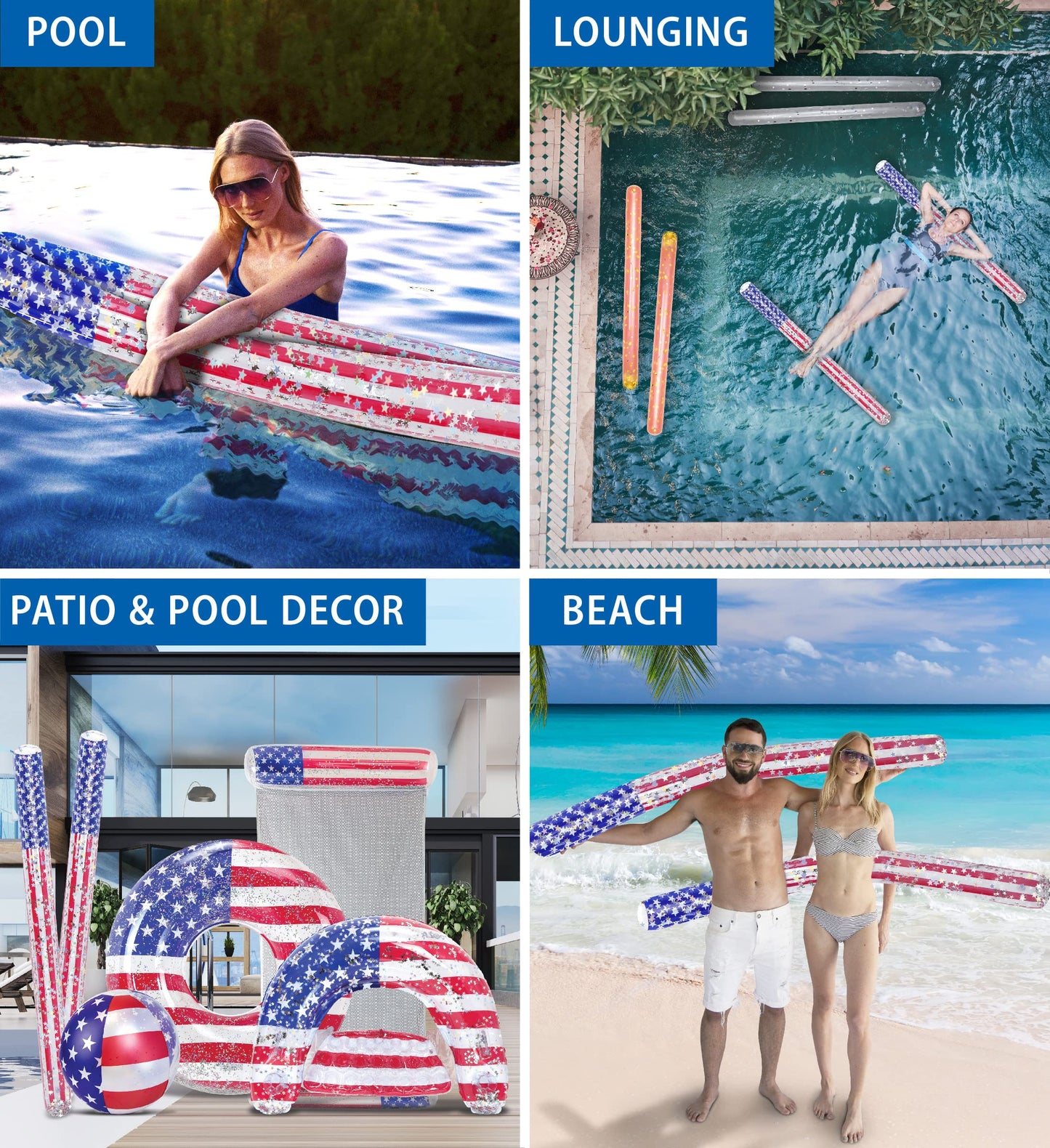 POZA 2 Pack Inflatable USA Flag Jumbo Pool Noodles Floats - enhanced elegant 74 Inch Giant Water Floating Noodles Filled with Sparkle Silver Confetti  Pool Float for Swimming Pool  Beach and Lake