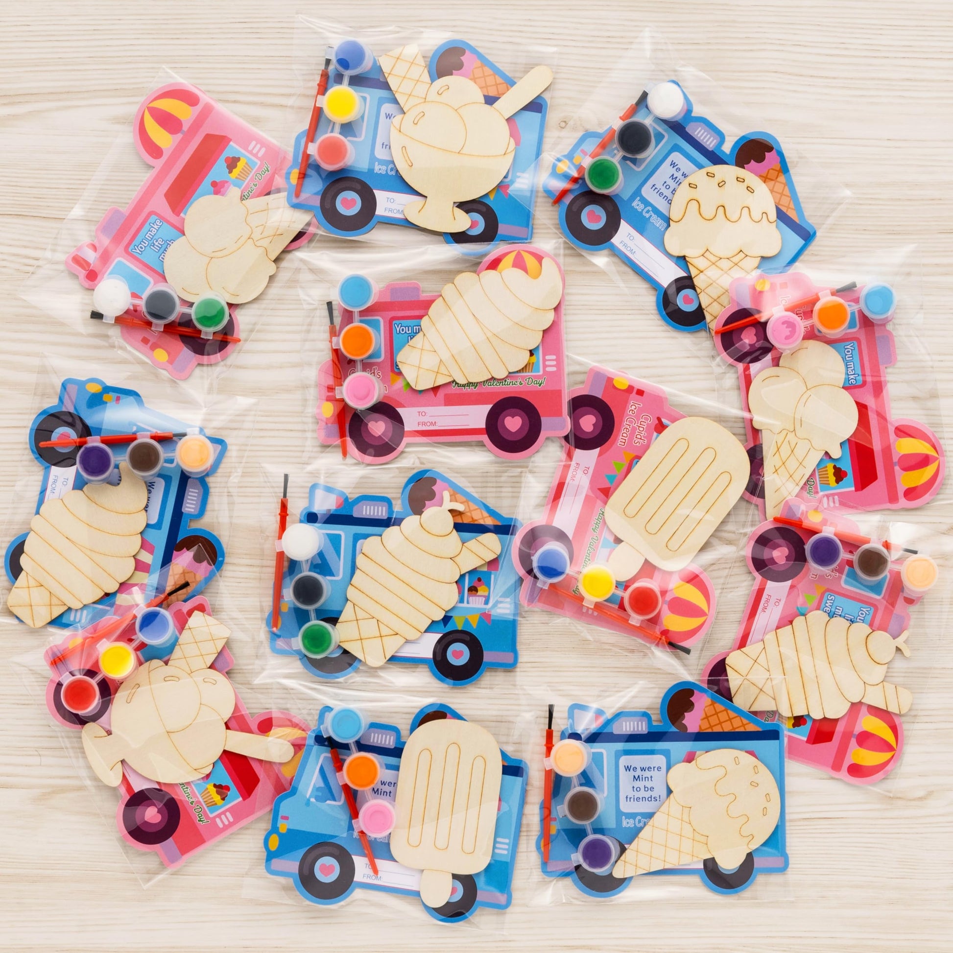 GEECOZYLIFE Valentines Day Gifts for Kids - 24 Pcs DIY Ice Cream Wood Painting Craft Kit with Cards, Paint & Brush - Classroom V
