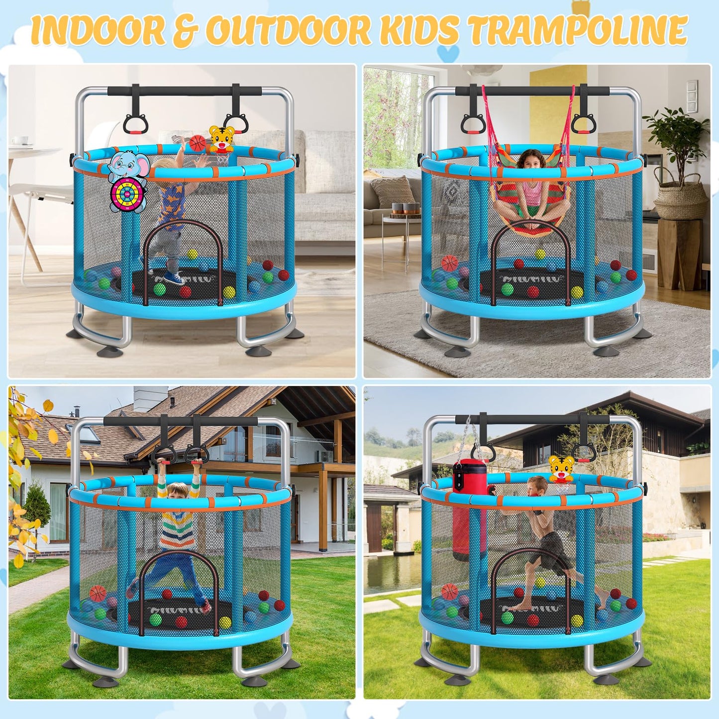 60 Indoor Outdoor Trampoline for Kids,MILUMILU Toddler Trampoline with Safety Enclosure Net,Adjustable Gymnastics Bars, Basketba