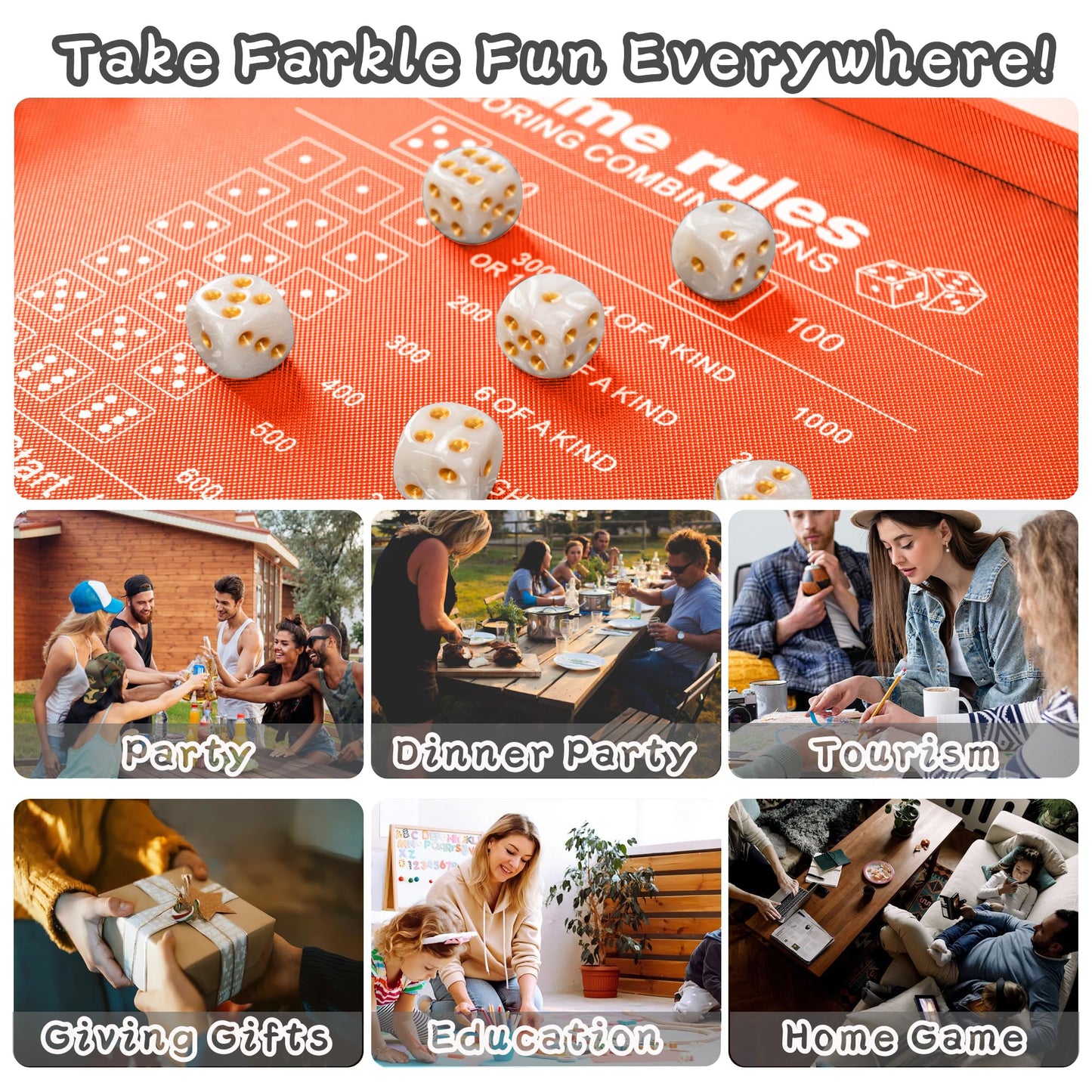 AUSIIBTO Dice Tray and Storage Case for Farkle Game - Includes Embedded Scoring Combinations, 4 Sets of 6 Pearl Dice, 50 Sheet S