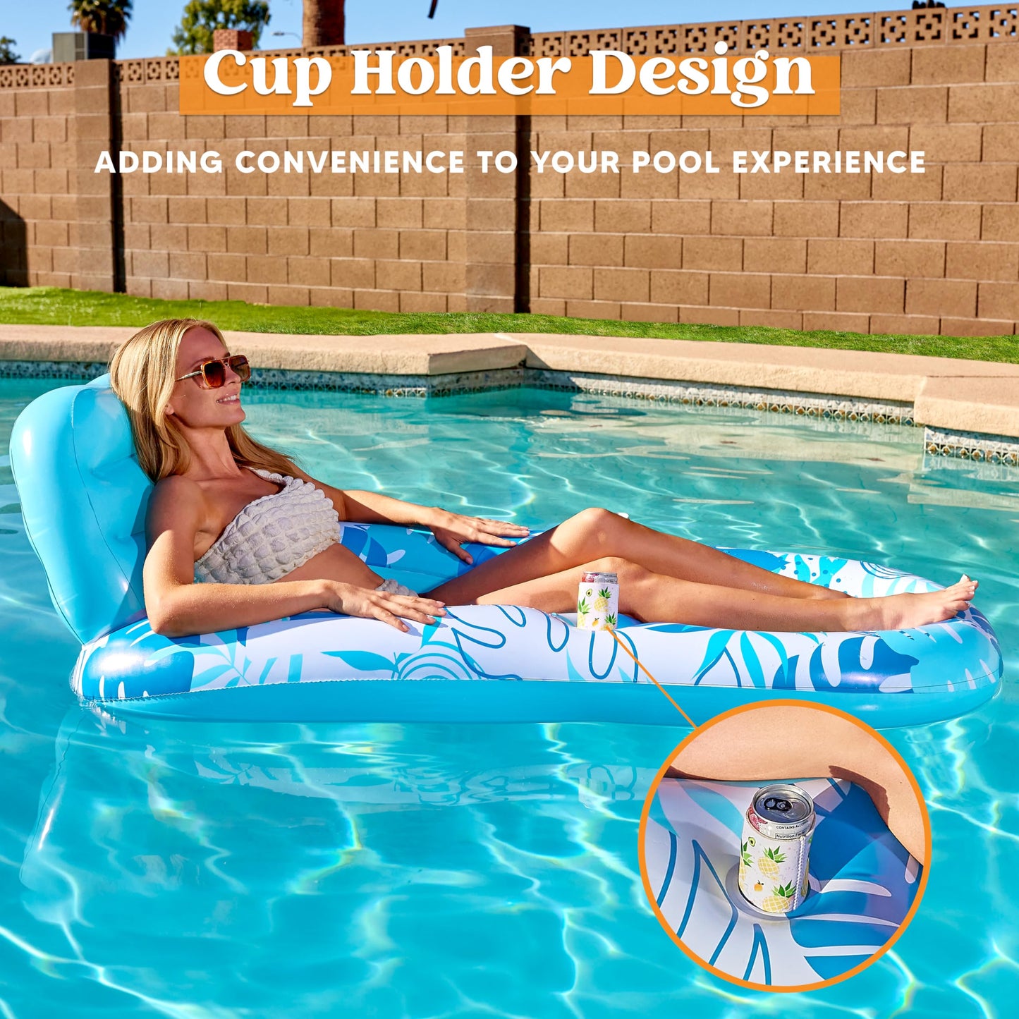 Sloosh Pool Lounge Float mature-themed  Inflatable Pool Floats Lounger Raft Floaties Water Floating Recliner Chair with Cup Holders Foot Rest Swimming Pool Floaty  Blue