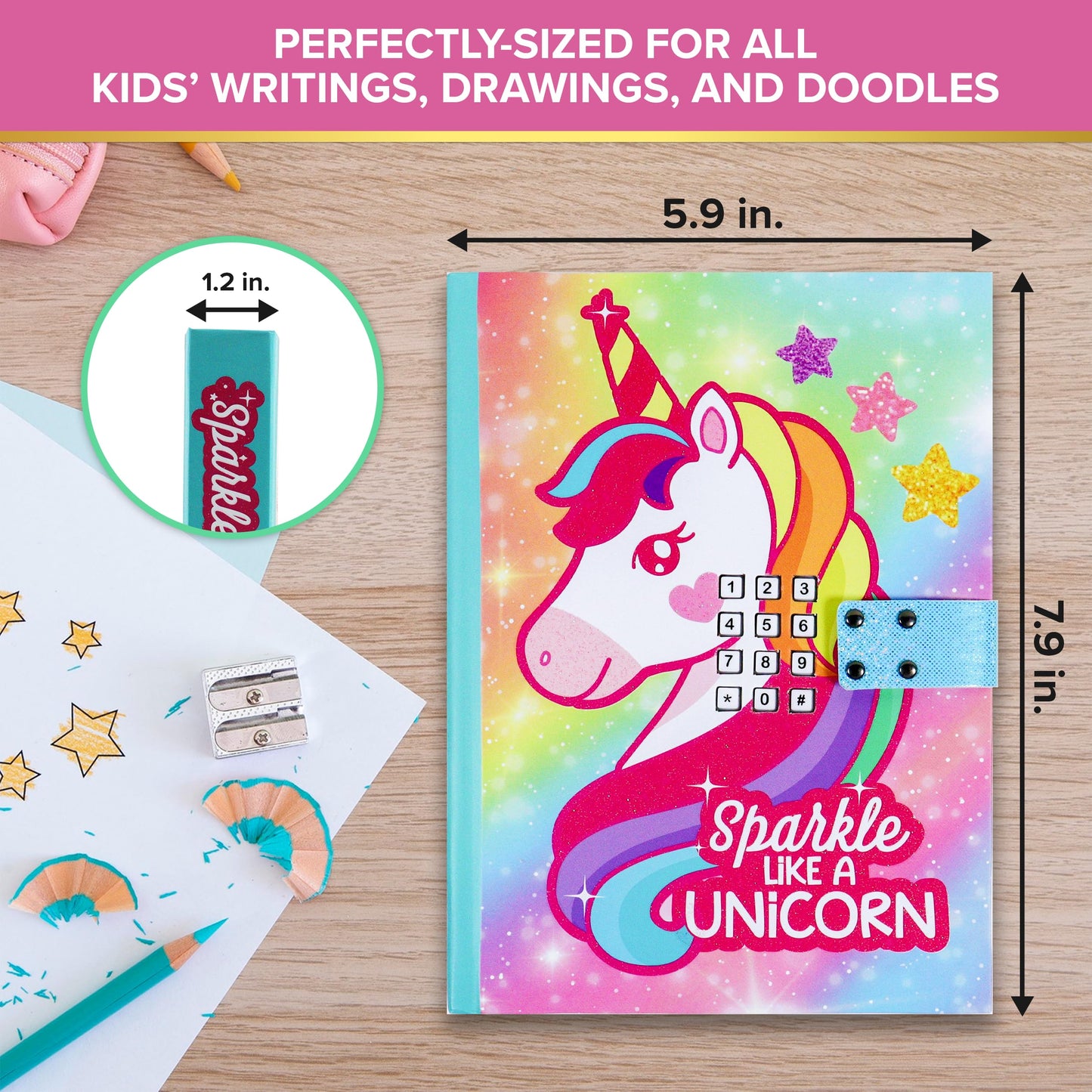 Decorably Glittery A5 Unicorn Journal for Girls Ages 4-8 with Lock Code and Music, 80 Sheets Locking Diary for Girls Ages 8-12 w