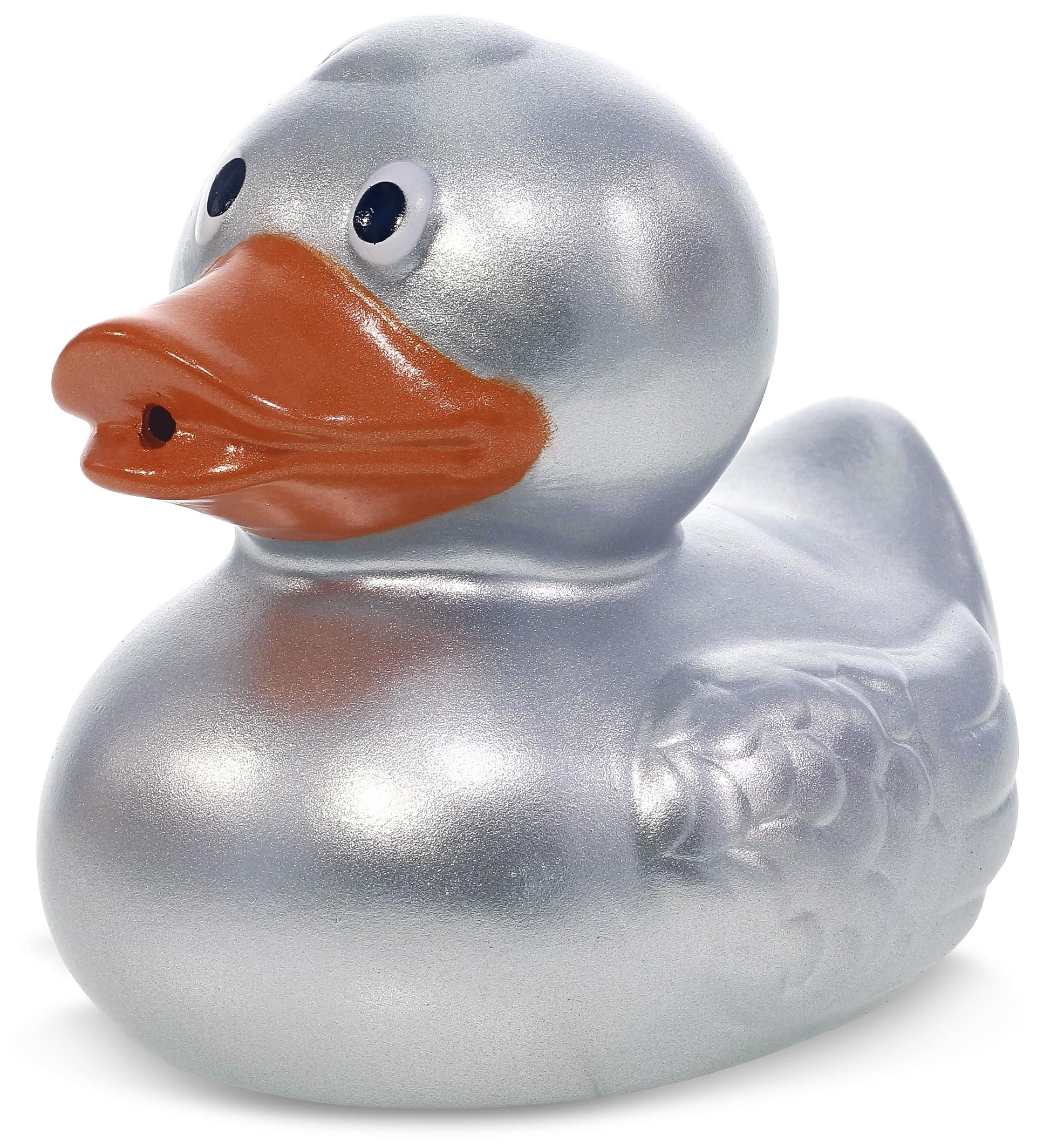 DolliBu Metallic Silver Duck Bath Buddy Squirter - Floating Silver Duck Rubber Bath Toy  Fun Water Squirting Bath Time Play for Toddlers  Animal Toy for Bathtub  Beach  and Pool for Girls and Boys