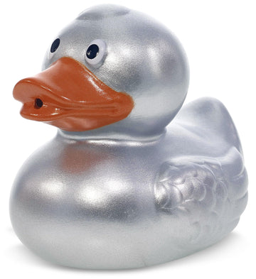 DolliBu Metallic Silver Duck Bath Buddy Squirter - Floating Silver Duck Rubber Bath Toy  Fun Water Squirting Bath Time Play for Toddlers  Animal Toy for Bathtub  Beach  and Pool for Girls and Boys